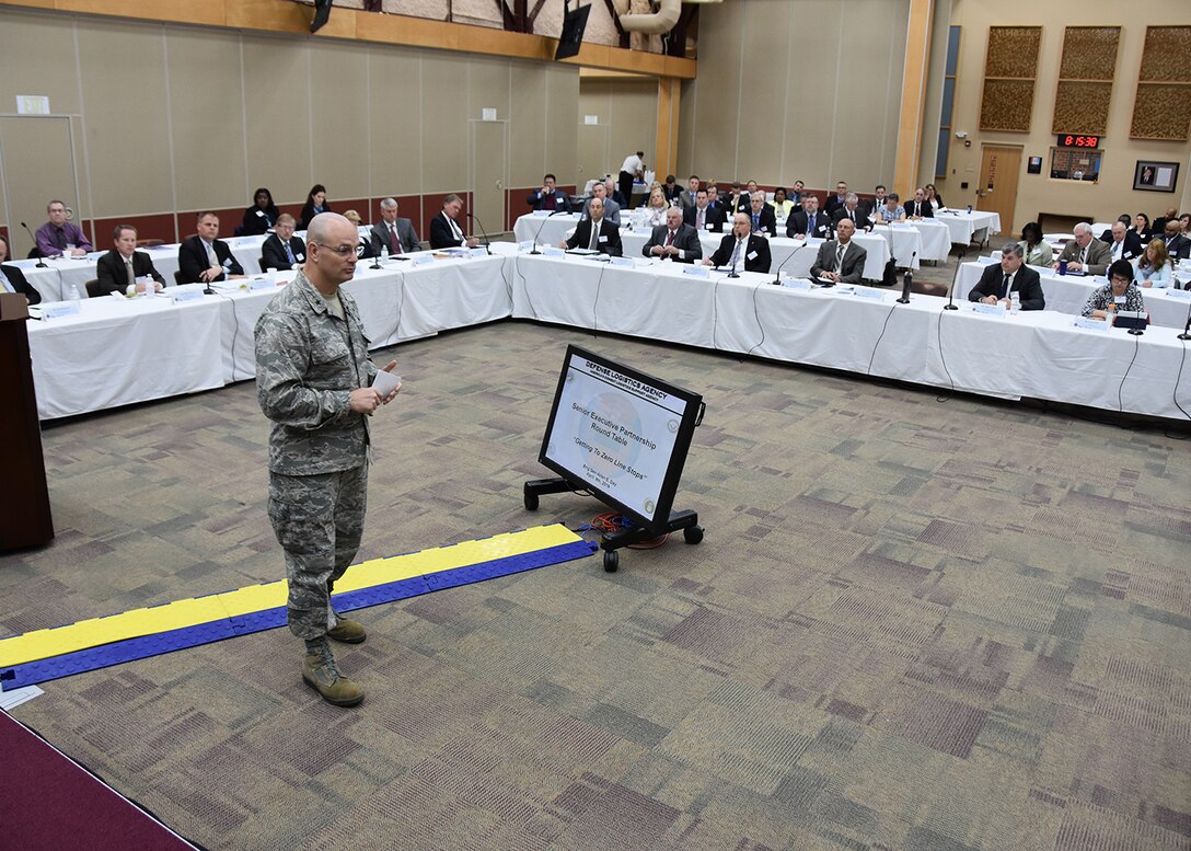 Defense Logistics Agency Aviation Commander Air Force Brig. Gen. Allan Day addresses the crowd during the Senior Executive Partnership Roundtable held at Defense Supply Center Richmond, Virginia, April 6, 2016. 