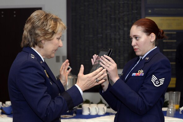 Lt. Gen. Michelle Johnson (left), the superintendent of the U.S. Air Force Academy, is interviewed via video chat by Air Force Times reporter Steve Losey, April 12, 2016, after the general gave the State of USAFA address in Doolittle Hall. The Academy continues to use video chat and other communication platforms to bring national reporters to events in Colorado Springs in real-time. Staff Sgt. Veronica Ward, the NCO in charge of media relations at the Academy Headquarters Public Affairs Office, facilitates the interview. (U.S. Air Force photo/Mike Kaplan)