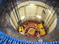 Crews work to modernize the Corps hydropower facilities on Apr. 7, 2016, when workers at Lower Monumental Lock and Dam lifted the unit 1 turbine out of the turbine pit. The awarded contract also includes a generator winding replacement for the Unit 1 Turbine. 