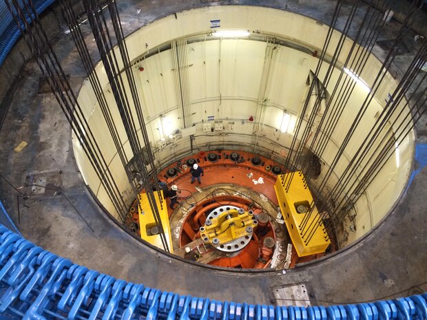 Crews work to modernize the Corps hydropower facilities on Apr. 7, 2016, when workers at Lower Monumental Lock and Dam lifted the unit 1 turbine out of the turbine pit. The awarded contract also includes a generator winding replacement for the Unit 1 Turbine. 