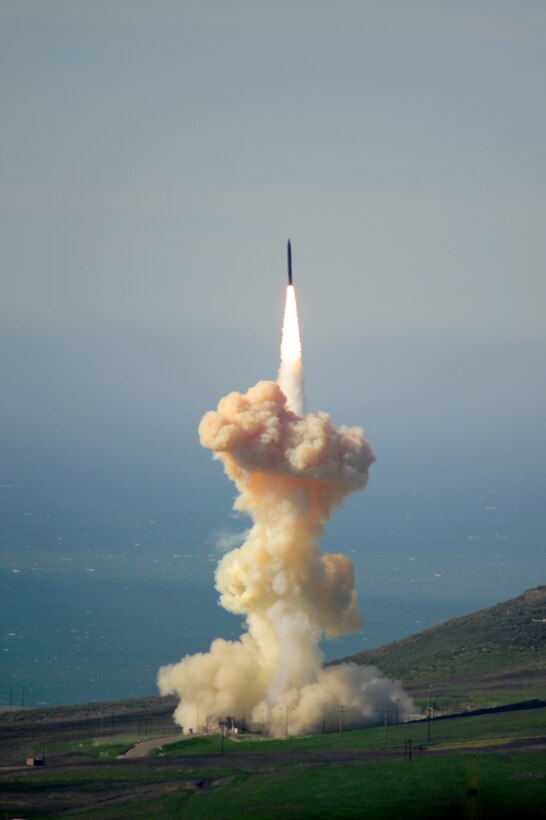 A long-range ground-based interceptor missile launches from Vandenberg Air Force Base, Calif., during testing, Jan. 29, 2016. The non-intercept flight test, which was successful, evaluated the performance of alternate divert thrusters for the system’s exo-atmospheric kill vehicle. Data from the test will be used to improve the ground-based midcourse defense element of the nation’s ballistic missile defense system. Defense Department photo