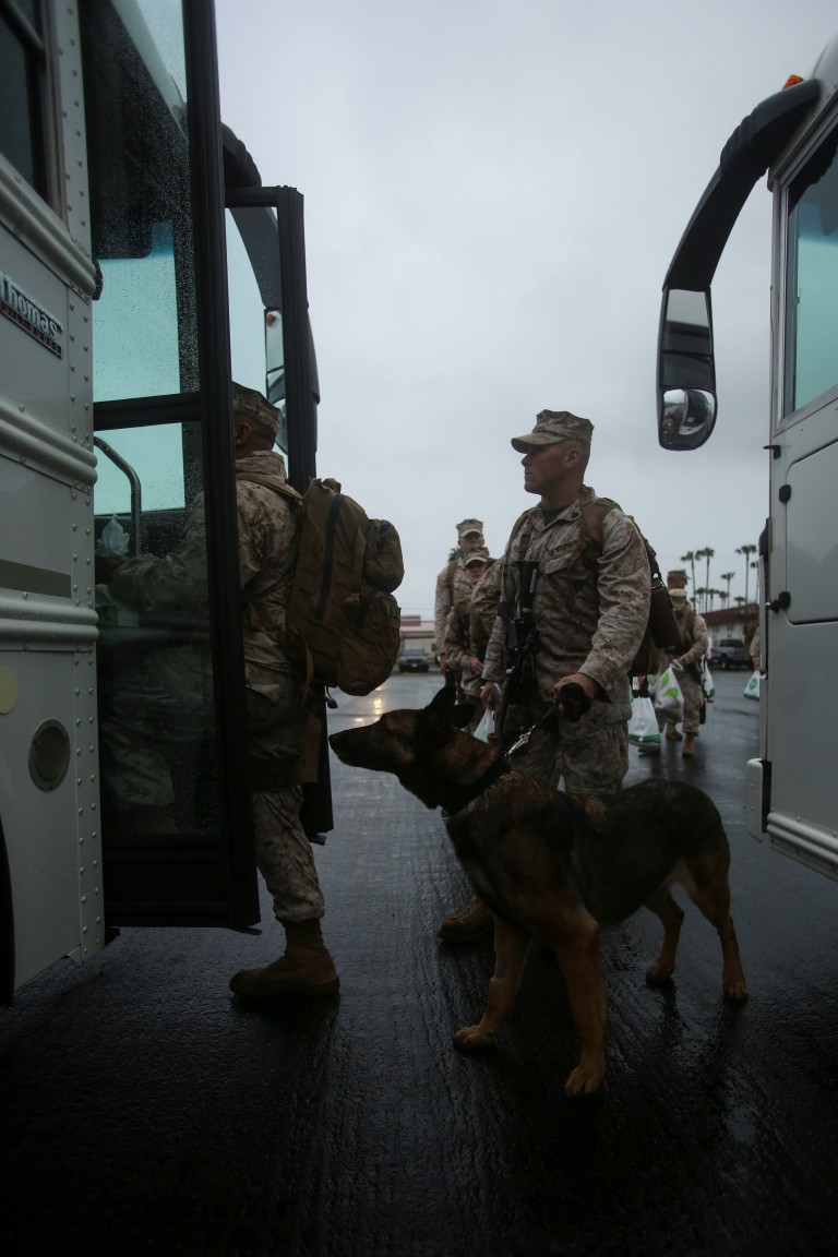 MARINE CORPS BASE CAMP PENDLETON, Calif. – Marines and sailors with Special Purpose Marine Air-Ground Task Force - Crisis Response - Central Command 16.2 enter their buses before departing for deployment from Camp Pendleton April 8, 2016. SPMAGTF-CR-CC is a rotational contingent of approximately 2,300 Marines, sailors and support elements sourced from units throughout I Marine Expeditionary Force. In its fourth iteration, the unit serves as the Marine Corps’ land-based, expeditionary crisis and contingency force in U.S. Central Command. (U.S. Marine Corps photo by Cpl. Angel Serna/Released)