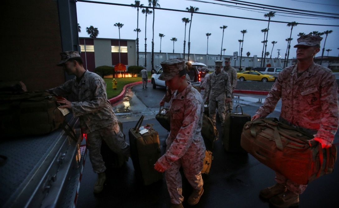 MARINE CORPS BASE CAMP PENDLETON, Calif. – Marines and sailors with Special Purpose Marine Air-Ground Task Force - Crisis Response - Central Command 16.2 load their gear before departing Camp Pendleton April 8, 2016. SPMAGTF-CR-CC is a rotational contingent of approximately 2,300 Marines, sailors and support elements sourced from units throughout I Marine Expeditionary Force. In its fourth iteration, the unit serves as the Marine Corps’ land-based, expeditionary crisis and contingency force in U.S. Central Command. (U.S. Marine Corps photo by Cpl. Angel Serna/Released)