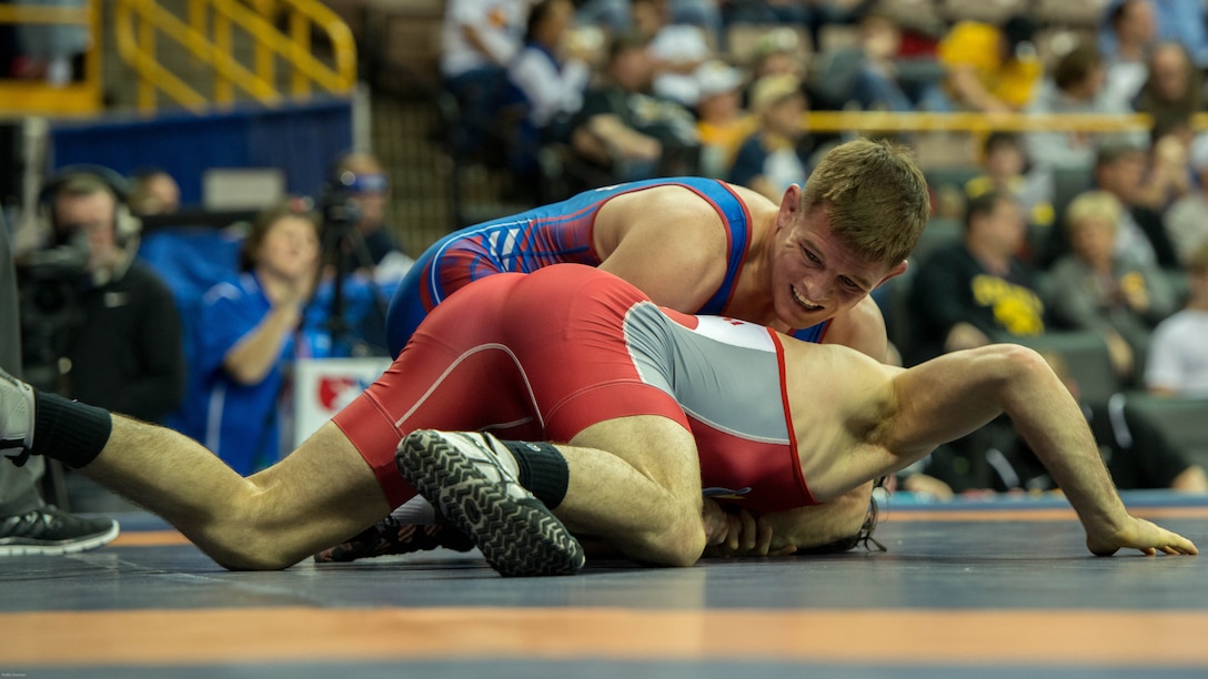 Capt. Bryce Saddoris, captain of the All-Marine Wrestling Team, competes in the 2016 U.S. Olympic Wrestling Trials in Iowa City, Iowa April 9. Saddoris was one of four Marines at the event. He competed in the 145-pound weight class in the Greco-Roman style.