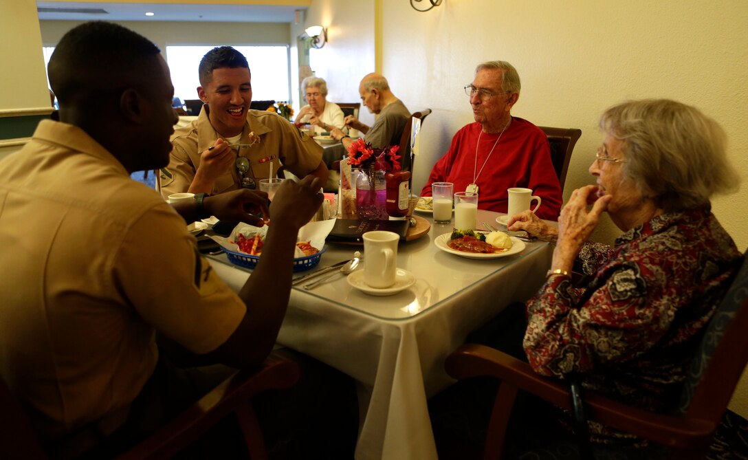 CAMP PENDLETON, Calif. -- Marines from Camp Pendleton’s Single Marine Program visit residents of the Rancho Vista Retirement Home, April 12, 2016. SMP is a program designed to enhance the quality of life of single Marines and Sailors by providing the opportunities for recreation, community involvement and social functions. (Marine Photo by Lance Cpl. Emmanuel Necoechea/Released)