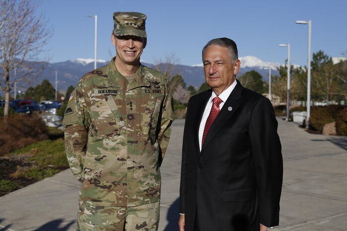 LTG Daniel R. Hokanson (left), USNORTHCOM Deputy Commander, welcomed Mr. Luis Felipe Puente (right), Mexico's National Coordinator for Civil Protection, to NORAD and USNORTHCOM April 13, 2016, to exchange information on disaster response and preparation. 
