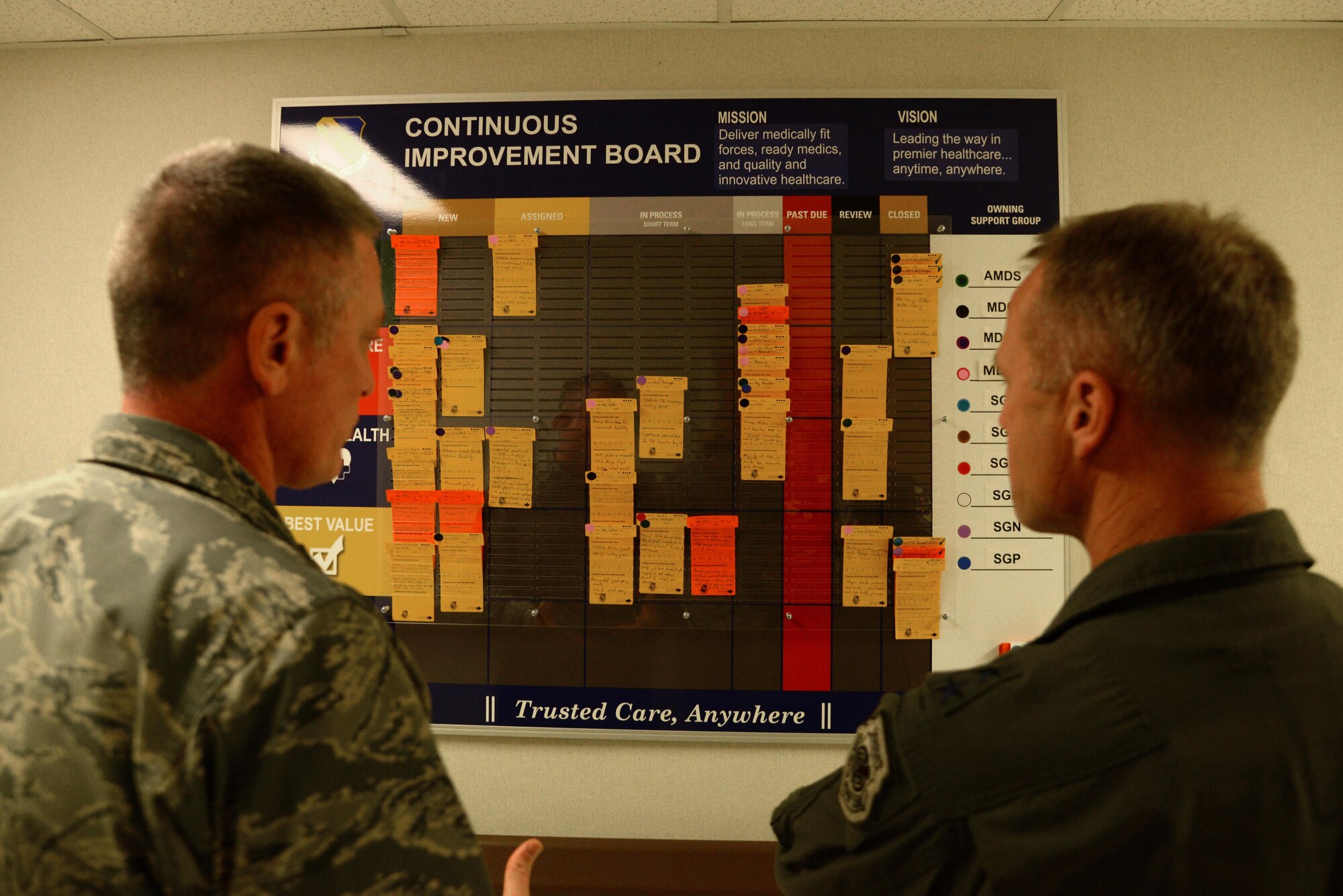 Col. Paul Conner, 4th Medical Group commander, discusses a continuous improvement board with Maj. Gen. Mark Kelly, 9th Air Force commander, April 8, 2016, at Seymour Johnson Air Force Base, North Carolina. The 4th MDG created the improvement board for customers to make suggestions to enhance processes and overall care at the clinic. (U.S. Air Force photo/Staff Sgt. Chuck Broadway)