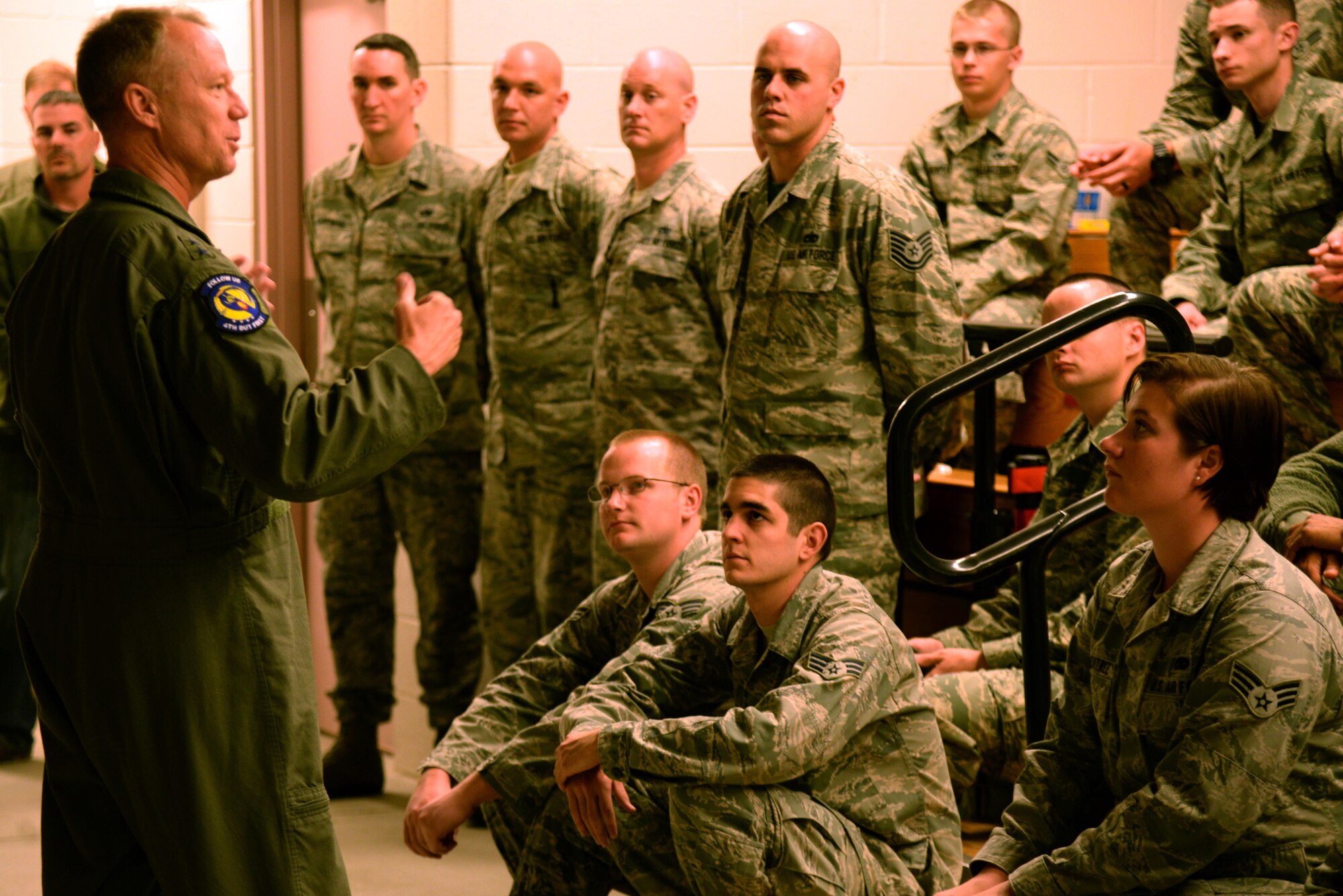 Maj. Gen. Mark Kelly, 9th Air Force commander, briefs a group of Airmen prior to a deployment April 8, 2016, at Seymour Johnson Air Force Base, North Carolina. During his visit, Kelly thanked the Airmen for their sacrifices and wished them well. (U.S. Air Force photo/Staff Sgt. Chuck Broadway)