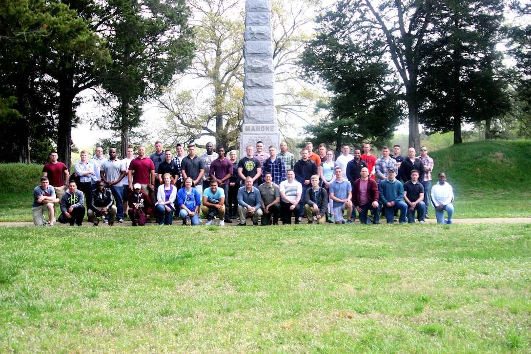Headquarters and Service Battalion Marines attend the Seige of Petersburg Battlefield PME April 1 to promote morale and develop understanding of military history. The group also went to Fort Lee to learn about various MOSs produced there.