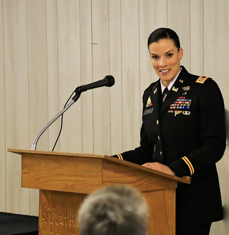Captain Kelly Giraud provides remarks on behalf of the U.S. Army Corps of Engineers, Baltimore District, during the 2015 Excellence in Partnership Award Ceremony in Marklesburg, Pennsylvania, April 6, 2016.
