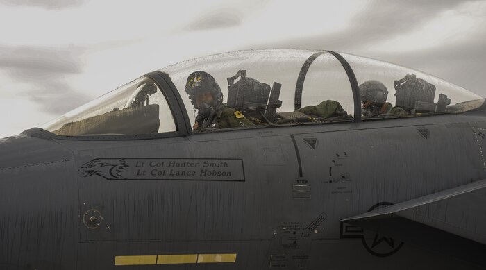 Brig. Gen. Christopher Short, 57th Wing commander, prepares to exit an F-15 Strike Eagle during his fini flight at Nellis Air Force Base, Nev., April 8, 2016. Short has served as the 57th Wing commander since March 2014. (U.S. Air Force photo by Airman 1st Class Kevin Tanenbaum)  