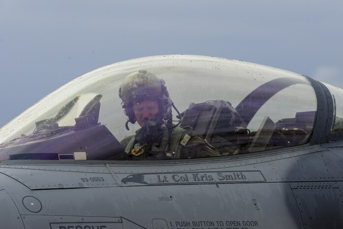 Col. Aaron Steffens, 57th Wing vice commander, prepares to exit an F-16 Fighting Falcon during his fini flight at Nellis Air Force Base, Nev., April 8, 2016. Steffens has served as the 57th Wing vice commander since July 2014. (U.S. Air Force photo by Airman 1st Class Nathan Byrnes)  