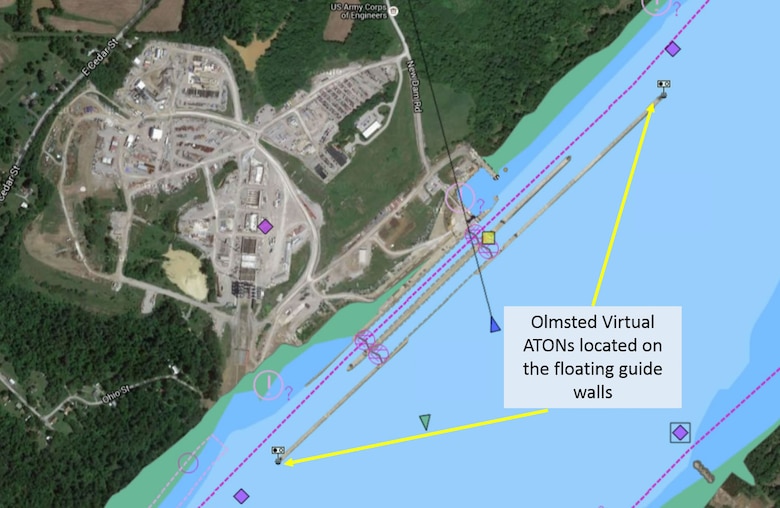 Electronic navigation charts display virtual buoys on the Olmsted Locks and Dam floating guide walls.  These markers are the first wave in a project to improve safety and efficiency of maritime operations.