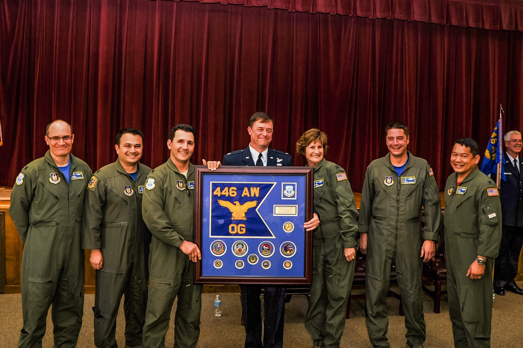 Leaders from the 446th Operations Group here, bid farewell to Col. Scott Snyder, former 446th OG commander, after a change of command ceremony April 2, 2016. (U.S. Air Force Reserve photo by Staff Sgt. Danial Liddicoet)