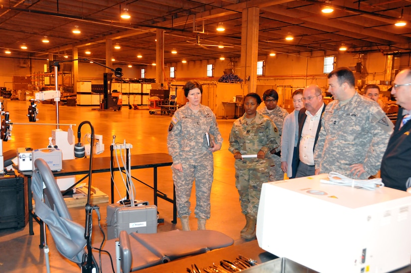 Maj. Gen. Margaret W. Boor, commanding general of the U.S. Army Reserve's 99th Regional Support Command, visits the command's Equipment Concentration Site 99 April 7 at Joint Base McGuire-Dix-Lakehurst, New Jersey. ECS 99 is a 75,000-square-foot, state-of-the-art medical storage and maintenance site that provides a secure, climate-controlled environment in which to store medical, dental, optical and veterinary equipment, and maintain and repair bio-medical equipment, x-ray machines, ventilators and defibrillators in order to support the Innovative Readiness Training program, which provides necessary training to medical and dental personnel across all branches of military service while providing much-needed medical and dental care to underserviced areas in the United States.