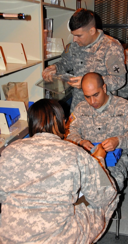 Soldiers from the U.S. Army Reserve's 3rd Medical Command (Deployment Support) conduct an inventory of medical equipment April 7 at Equipment Concentration Site 99 at Joint Base McGuireDix-Lakehurst, New Jersey. ECS 99 is a 75,000 square-foot, state-of-the-art medical storage and maintenance site that provides a secure, climate controlled environment in which to store medical, dental, optical and veterinary equipment, and maintain and repair bio-medical equipment, x-ray machines, ventilators and defibrillators in order to support the Innovative Readiness Training program, which provides necessary training to medical and dental personnel across all branches of military service while providing much-needed medical and dental care to underserviced areas in the United States.
