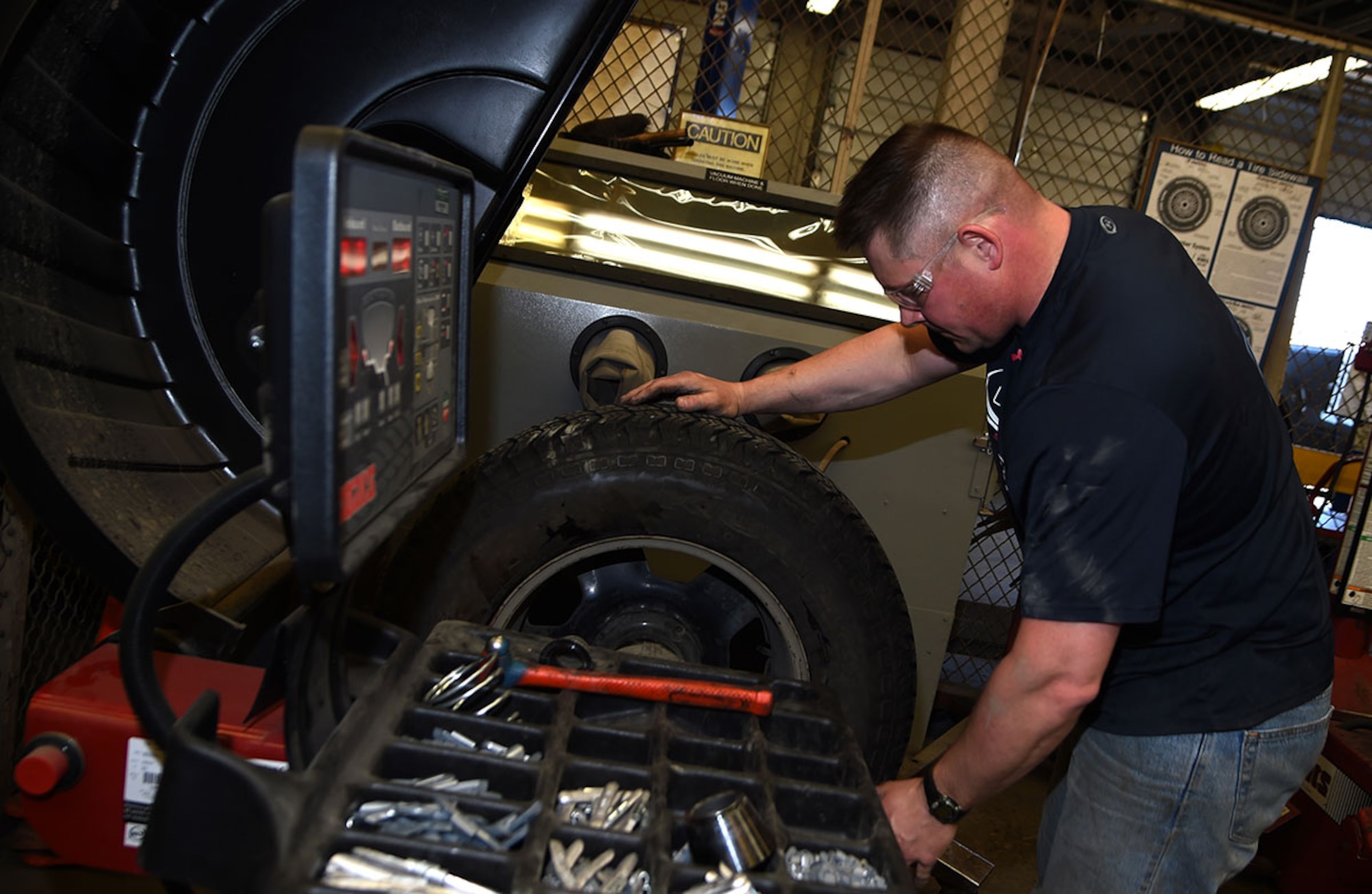 U.S. Army Sgt. Caleb Morrison, senior patrolman, uses a wheel-balancing machine at the Auto Skills Center on Joint Base Elmendorf-Richardson, Alaska, April 14, 2016. Balancing should be done every time you purchase a new set of tires or change out winter tires to summer tires using the same set of rims. Morrison is attached to the 545th Military Police Company, 6th Brigade Engineer Battalion (Airborne), 4th Infantry Brigade Combat Team (Airborne), 25th Infantry Division. (U.S. Air Force photo by Staff Sgt. Sheila deVera)
