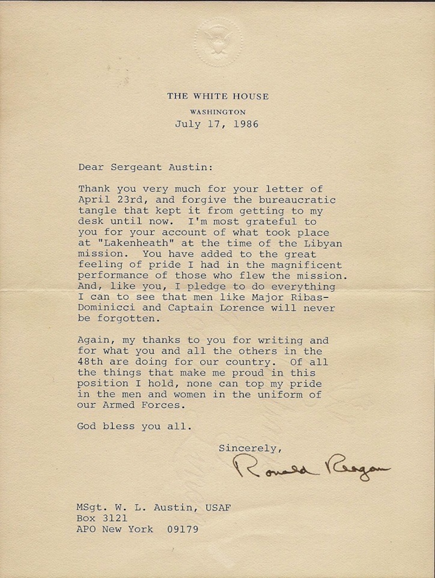 A letter addressed to Master Sgt. W.L. Austin from President Ronald Reagan thanking the Airmen of the 48th Tactical Fighter wing for their direct efforts in support of Operation El Dorado Canyon July 17, 1986. (Courtesy Photo)
