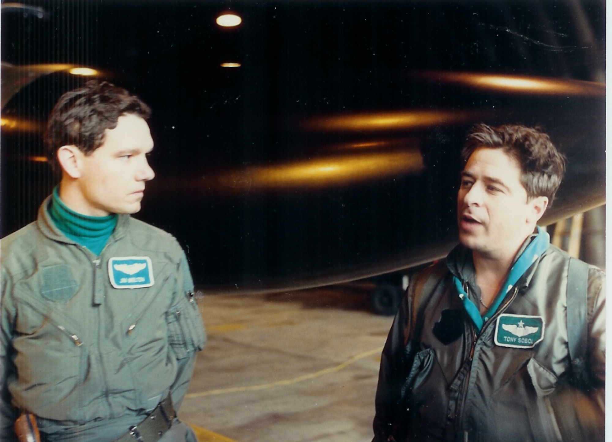 An F-111F Aardvark pilots from the 495th Tactical Fighter Squadron recount the details of Operation El Dorado Canyon at Royal Air Force Lakenheath, England, April 14, 1986. The operation was the conclusion of extensive joint service and multinational military cooperation designed to ensure the complete and total destruction of terrorist training camps linked to the attack in the African nation of Libya. (Courtesy photo)