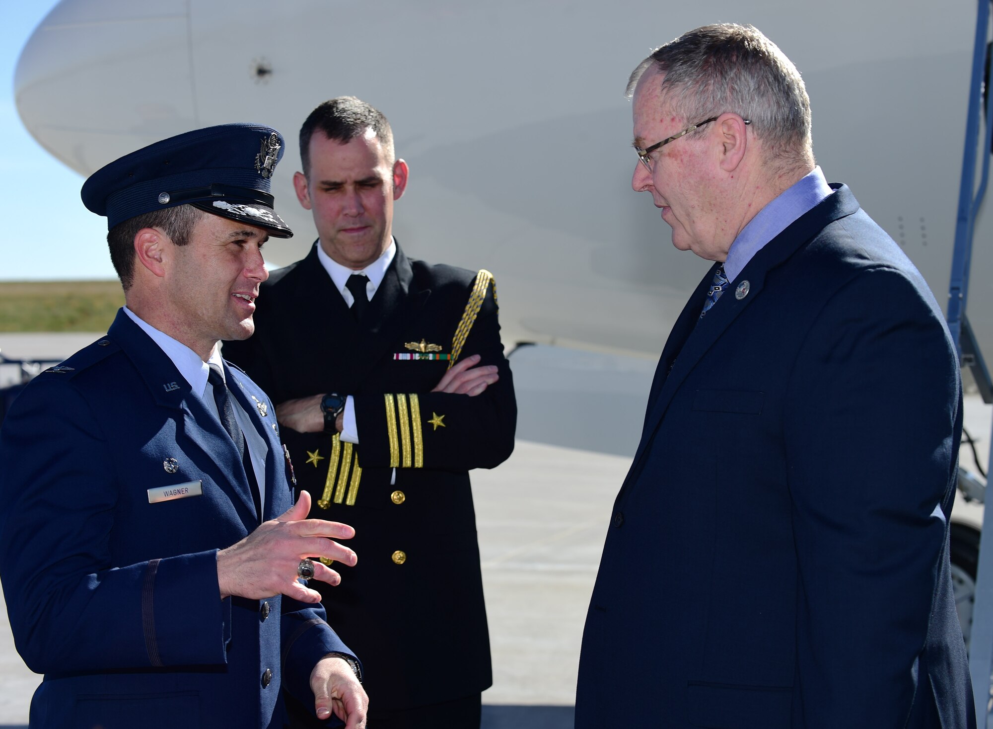 Deputy Secretary of Defense Bob Work speaks with Col. John 
Wagner, 460th Space Wing commander, following his arrival April 12, 2016, at 
Buckley Air Force Base, Colo. During his time on Buckley AFB, Work visited the 
Aerospace Data Facility-Colorado. (U.S. Air Force photo by Staff Sgt. Darren 
Scott/Released)
