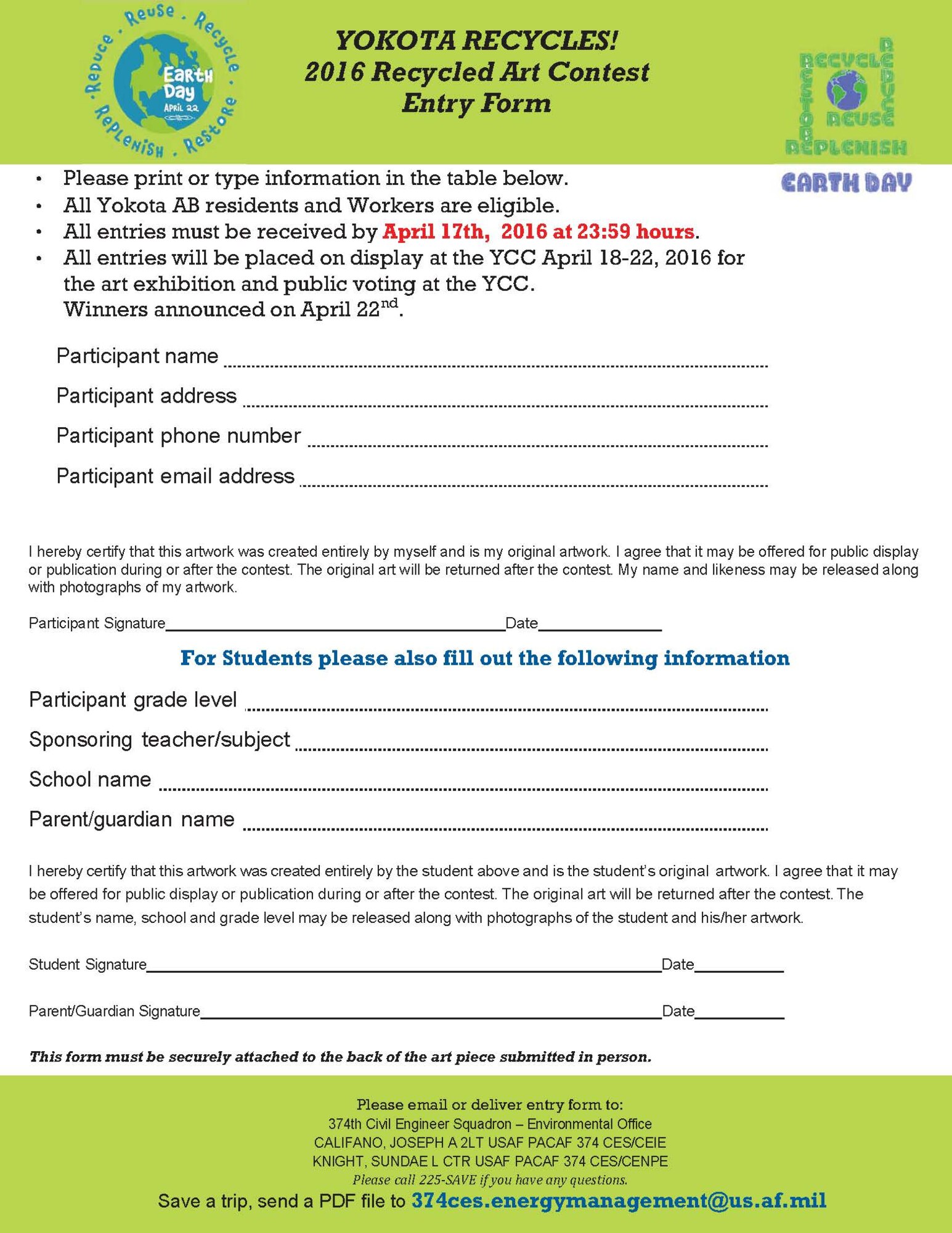 Entry form for the Recycled Art Contest. (Courtesy form)