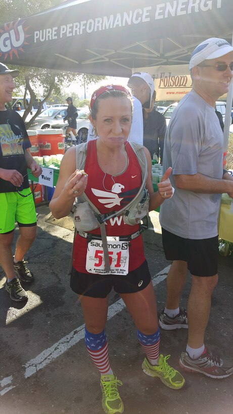 Master Sgt. Krystalore Stegner, the recruiting and rentention manger for the 107th Airlift Wing at Niagara Falls Air Reserve Station, N.Y., competes in her first 50 mile ultra-marathon at Folsom Lake, California, April 2, 2016. Out of 65 international applicants, Stegner was chosen as one of two people to receive training from champion ultra-marathon runners for six months leading up to the race, which is featured as part of the Becoming Ultra Project. (Photos courtesy of Master Sgt. Krystalore Stegner)