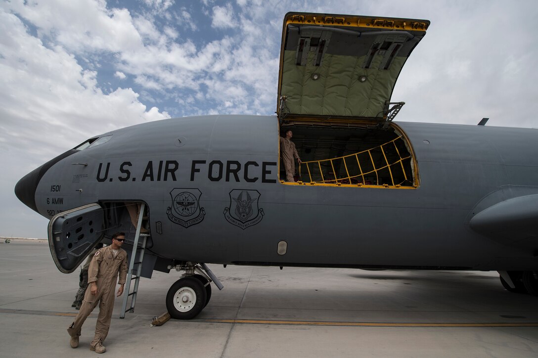 U.S. Air Force aircrew assigned to the 340th Expeditionary Air Refueling Squadron await takeoff on a KC-135 Stratotanker at Al Udeid Air Base, Qatar, April 8, 2016. As of April 4, U.S. and partner nation aircraft have flown an estimated 88,667 sorties in support of operations in Iraq and Syria. (U.S. Air Force photo by Staff Sgt. Corey Hook/Released)