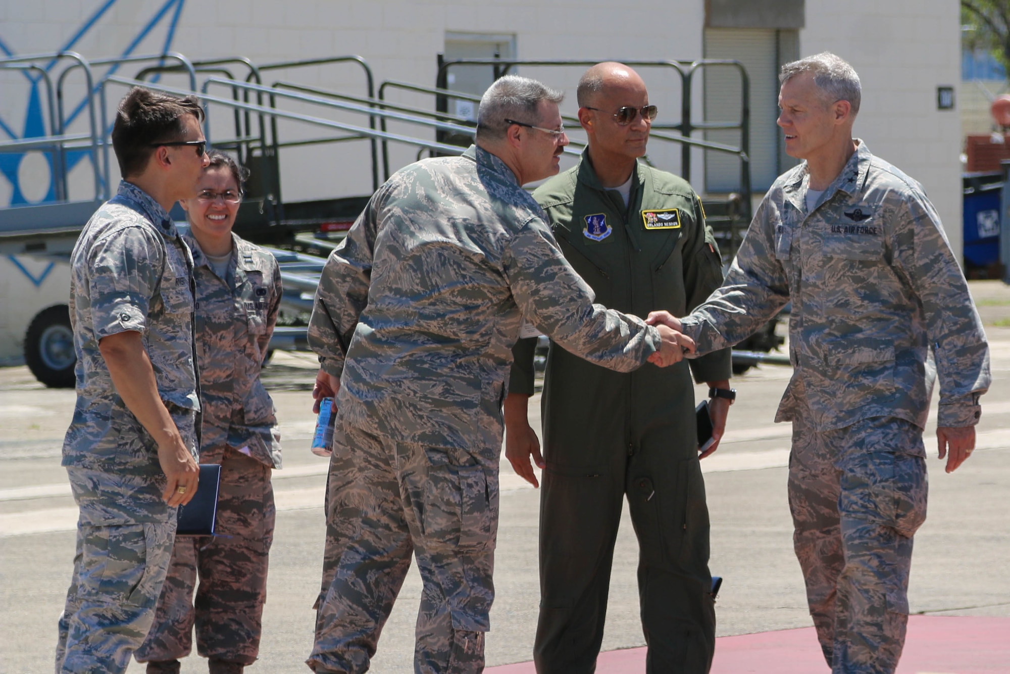 U.S. Air Force Acting Director, Air National Guard, Maj. Gen. Brian G. Neal, greets airmen of the Puerto Rico Air National Guard during his April 9 visit to the 156th Airlift Wing, Muñiz Air National Guard Base, Carolina, Puerto Rico. Neal attended briefings and toured facilities at the 156th AW and the 141st Air Control Squadron, Punta Borinquen Radar Site, Aguadilla, Puerto Rico. (U.S. Army  National Guard photo by Sgt. Alexis Velez)