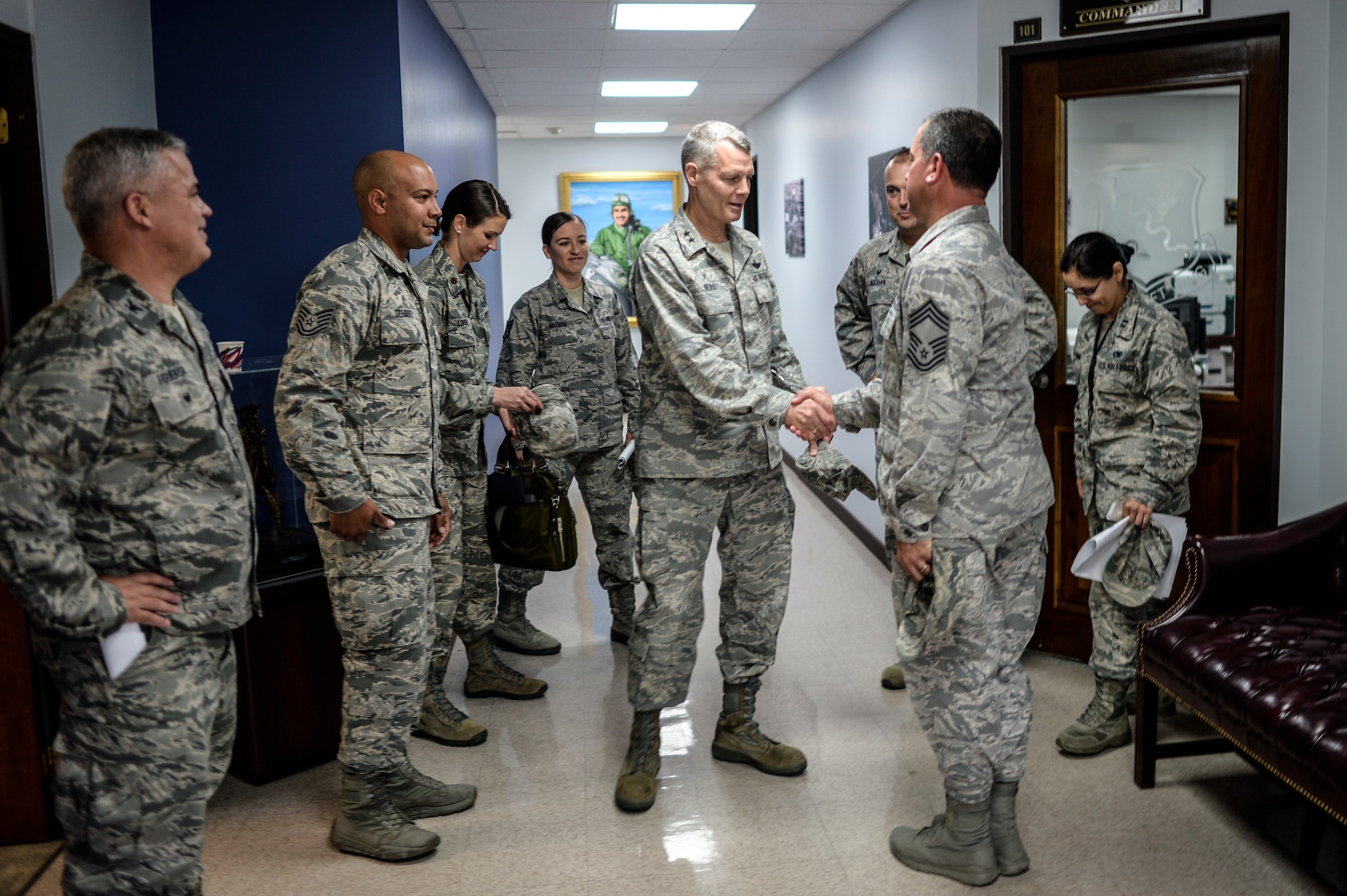 U.S. Air Force Acting Director, Air National Guard, Maj. Gen. Brian G. Neal, greets airmen of the Puerto Rico Air National Guard during his April 9 visit to the 156th Airlift Wing, Muñiz Air National Guard Base, Carolina, Puerto Rico. Neal attended briefings and toured facilities at the 156th AW and the 141st Air Control Squadron, Punta Borinquen Radar Site, Aguadilla, Puerto Rico. (U.S. Air  National Guard photo by Staff Sgt. Christian Jadot