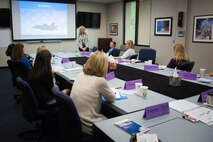 Cheryl Roberson, wife of Lt. Gen. Darryl Roberson, commander of Air Education and Training Command, provides mentoring from the major command’s spouse’s perspective to spouses from across the Air Force attending the Wing Commander Spouses’ Course at the Ira C. Eaker Center for Professional Development, April 11, 2016.  (U.S. Air Force photo by Melanie Rodgers Cox)