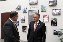 Mr. Luis Felipe Puente (right), Mexico's National Coordinator for Civil Protection, visited the 9-11 Memorial at NORAD and USNORTHCOM with Mr.
Randel Zeller (left), Director of NORAD and USNORTHCOM Interagency Directorate, during his visit April 13, 2016. Mr. Puente's visit was an exchange of information on disaster response and preparation. 
