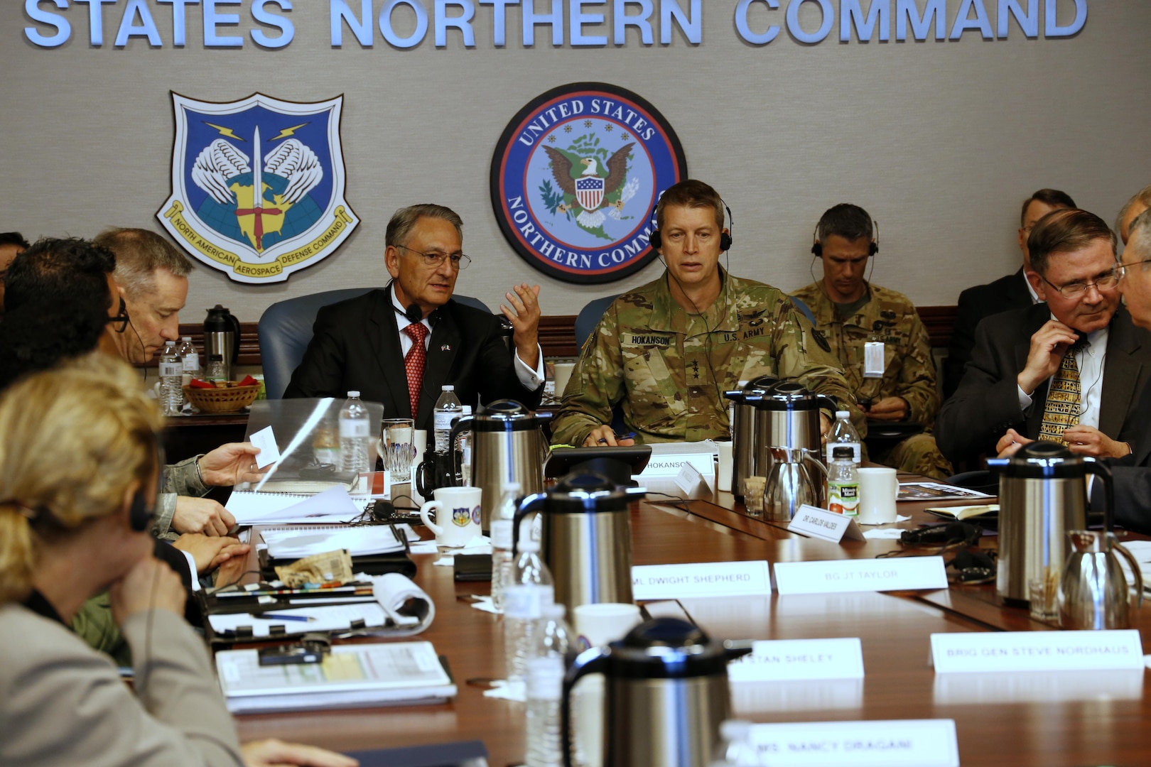Mr. Luis Felipe Puente (left), Mexico's National Coordinator for Civil Protection, discussed disaster response and preparation with LTG Daniel R.
Hokanson (right), USNORTHCOM Deputy Commander, and command staff April 13, 2016. Mr. Puente also briefed the group about Mexico's successful preparation and response to Hurricane Patricia, which occurred October 2015 on Mexico's west coast. 
