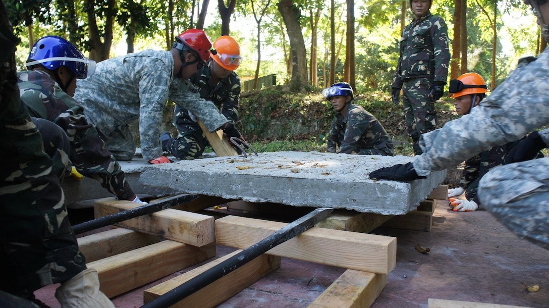 Hawaii National Guard CERFP lifting and hauling team leads a load lift with the Armed Forces Philippines for Balikatan 2016, April 09, 2016, Camp Capinpin, Philippines. The Hawaii National Guard CERF-P team is supporting Balikatian 2016 through the National Guard State Partnership Program with the aim of building capability across the disaster response forces of both countries. Balikatan, which means "shoulder to shoulder" in Filipino, is an annual bilateral training exercise aimed at improving the ability of Philippine and U.S. military forces to work together during planning, contingency and humanitarian assistance and disaster relief operations. 