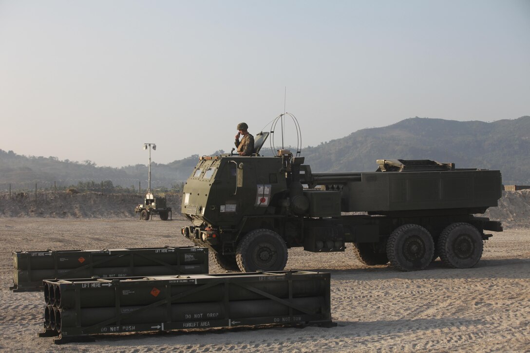 U.S. Marines with Fox Battery, 2nd Battalion, 14th Marine Regiment assigned to 12th Marines, III Marine Expeditionary Force, prepare to load a High Mobility Artillery Rocket in support of Balikatan 16 at Crow Valley, Philippines, April 14, 2016. HIMARS conducted a live fire exercise at the conclusion of exercise Balikatan. This year marks the 32nd iteration of Balikatan where U.S. service members continue to work “shoulder-to-shoulder” with members of the Armed Forces of the Philippines to increase combined readiness to crises and conflict across the Indo-Asia-Pacific region.