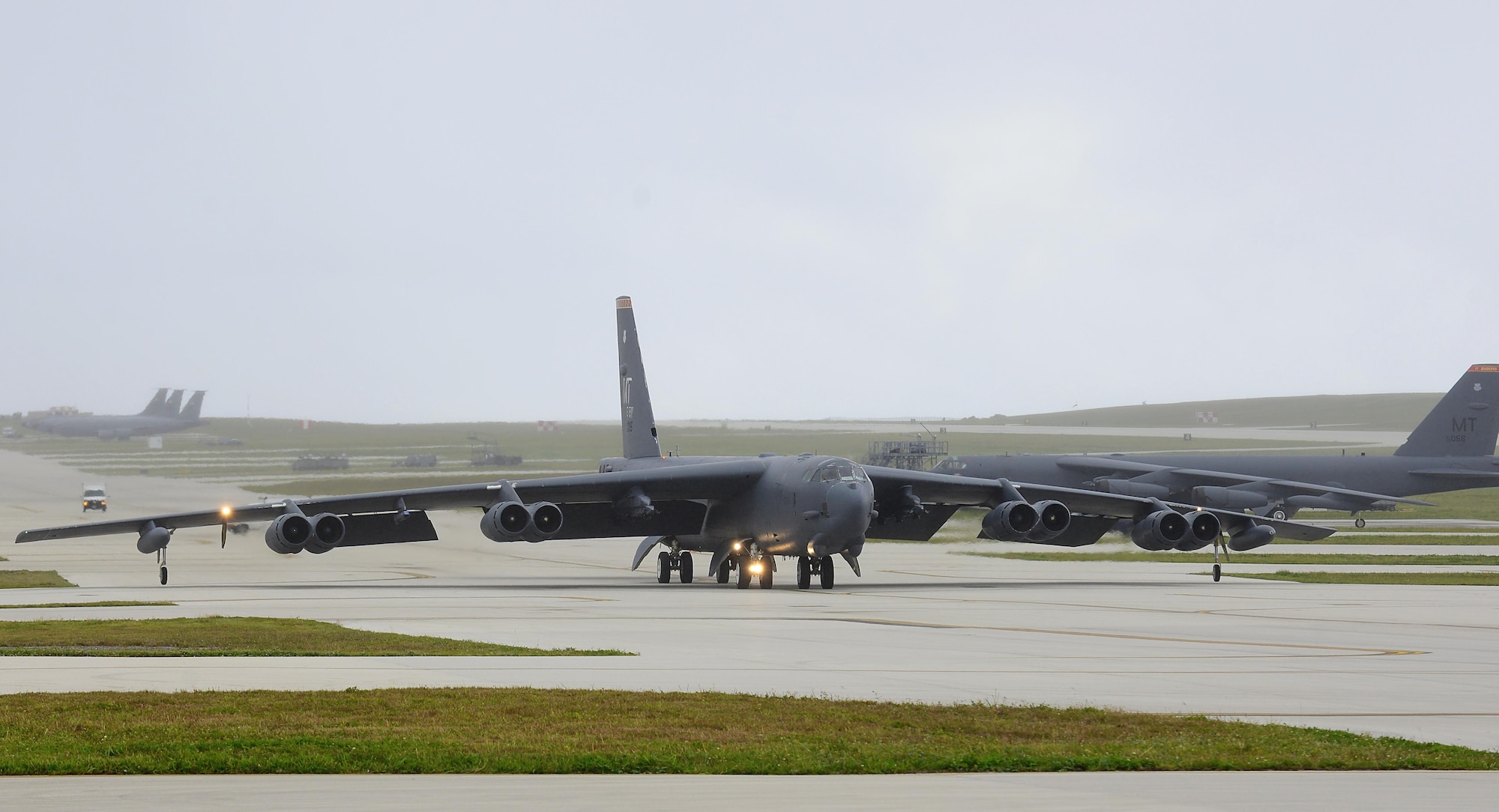 A  U.S. Air Force B-52 Stratofortress bomber taxis on the runway April 14, 2016, at Andersen Air Force Base, Guam. The U.S. military has maintained a deployed strategic bomber presence in the Pacific since March 2004, which has contributed significantly to regional security and stability. (U.S. Air Force photo by Airman 1st Class Arielle Vasquez/Released)
