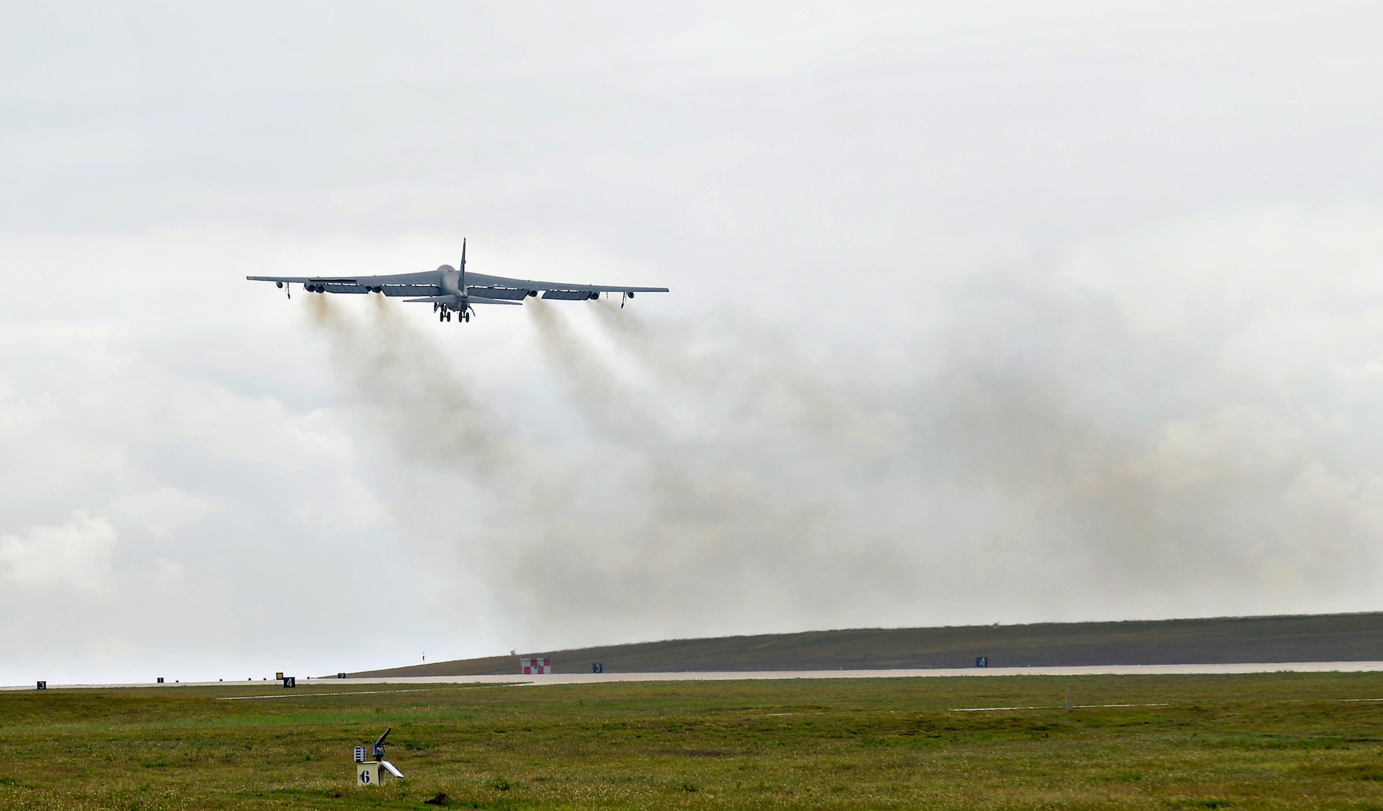A U.S. Air Force B-52 Stratofortress bomber takes off April 14, 2016, from Andersen Air Force Base, Guam. The U.S. conducts continuous bomber presence operations as part of a routine, forward deployed, global strike capability supporting regional security and our allies in the Indo-Asia-Pacific region. (U.S. Air Force photo by Airman 1st Class Arielle Vasquez/Released)