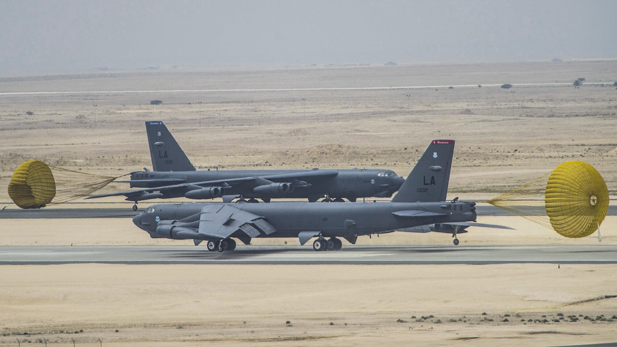 B-52 Stratofortress bombers from Barksdale Air Force Base, La., arrived at Al Udeid Air Base, Qatar, April 9, 2016, in support of Operation Inherent Resolve, the mission to rid the Islamic State of Iraq and the Levant in the region. The B-52 offers diverse capabilities including the delivery of precision weapons. (U.S. Air Force photo/Staff Sgt. Corey Hook)                                                                                                       