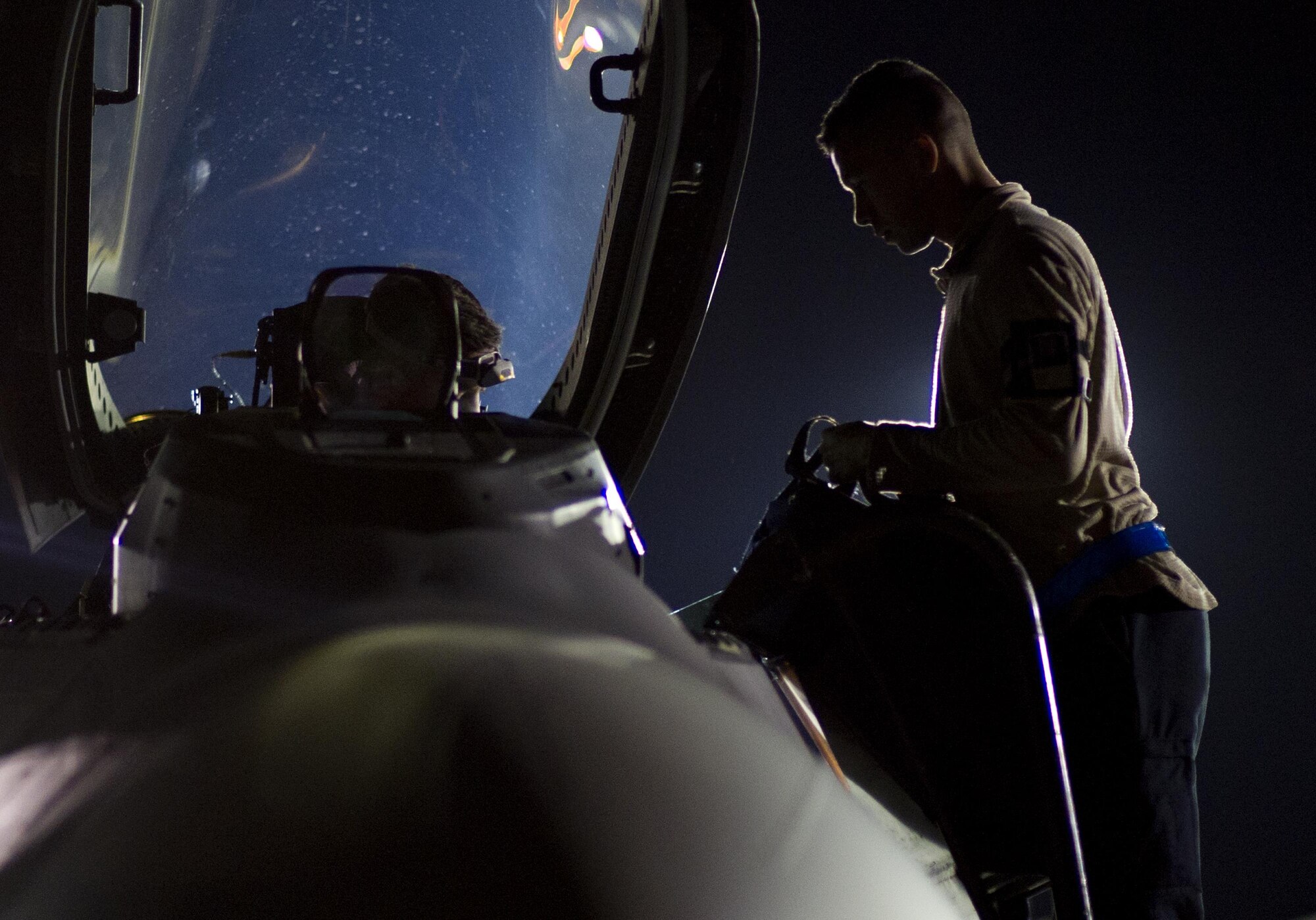 Airman 1st Class Jon Wanser, a 95th Aircraft Maintenance Unit crew chief, assists an F-22 Raptor pilot before takeoff April 11, 2016, at Tyndall Air Force Base, Fla. The ability to rapidly launch F-22s with a complement of additional pilots, an embedded maintenance support package, and accompanying fuel and munitions, allows for enhanced airpower flexibility for combatant commanders. (U.S. Air Force photo/Senior Airman Alex Fox Echols III)     
