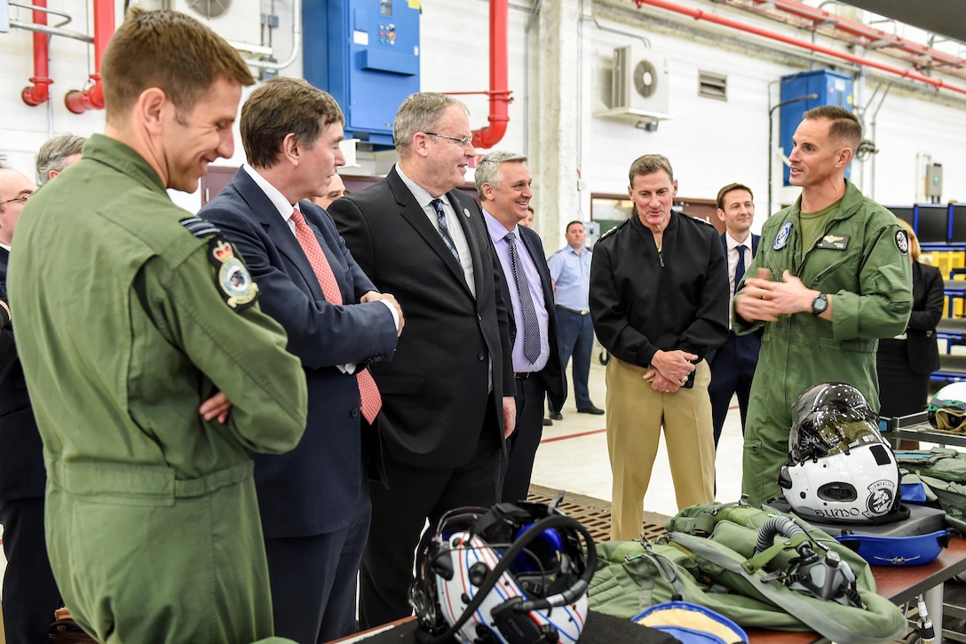 Deputy Defense Secretary Bob Work, center, receives an equipment capability brief while touring the Marine Fighter Attack Training Squadron 501 facility at Marine Corps Air Station Beaufort, S.C., April 14, 2016. DoD photo by Army Sgt. 1st Class Clydell Kinchen