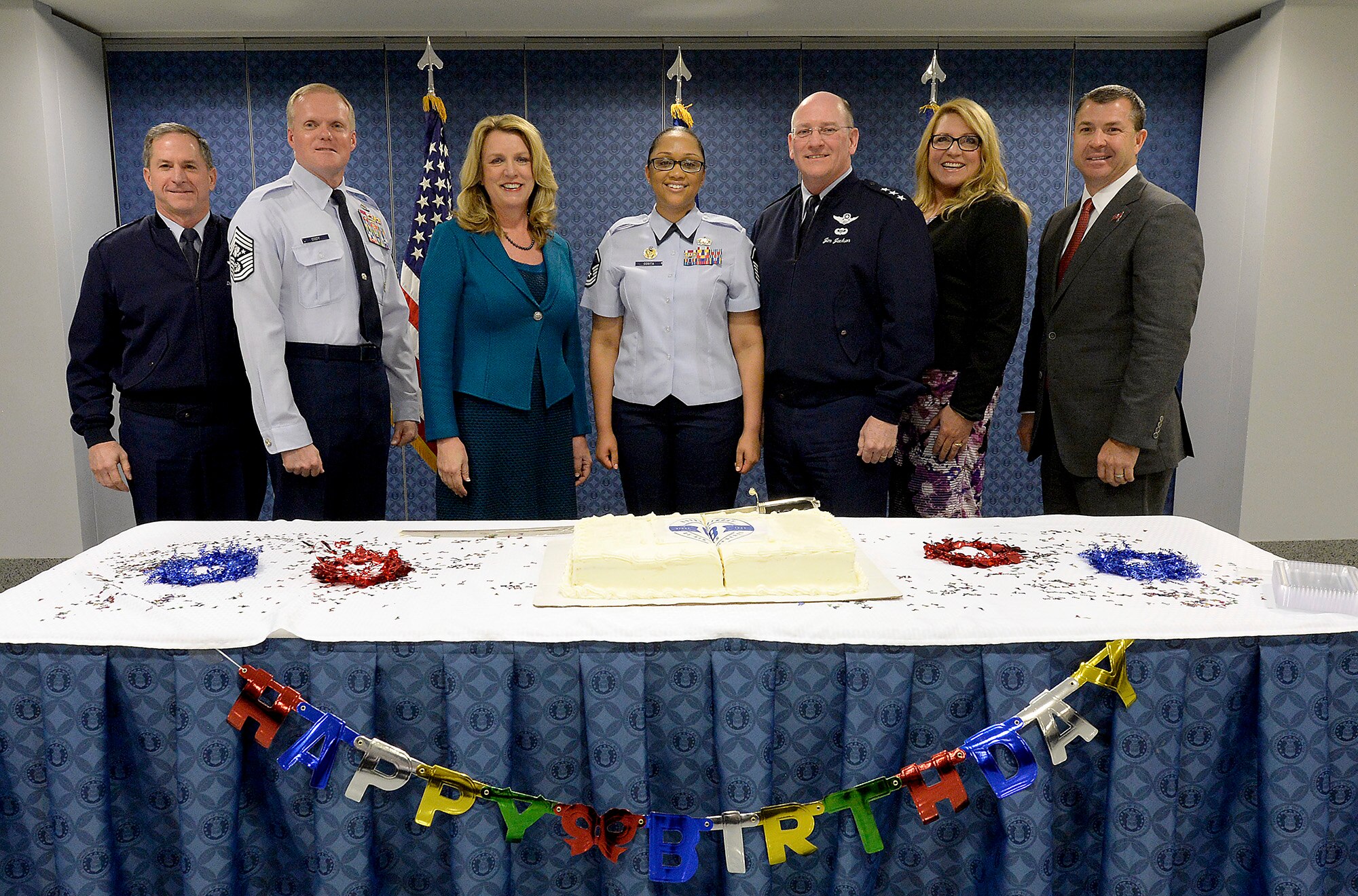 Celebrating the Air Force Reserve's 68th birthday during a April 14, 2016, Pentagon ceremony are, from left, Air Force Vice Chief of Staff Gen. David Goldfein, Chief Master Sgt. of the Air Force James A. Cody, Secretary of the Air Force Deborah Lee James, Master Sgt. Kandi Costa, Lt. Gen. James F. Jackson, Chief of Air Force Reserve and Commander, Air Force Reserve Command, radio personality Delilah, and Brian Ford.  Delilah and Ford are civic leaders for Air Force Reserve Command.  (U.S/ Air Force photo/Scott M. Ash)
