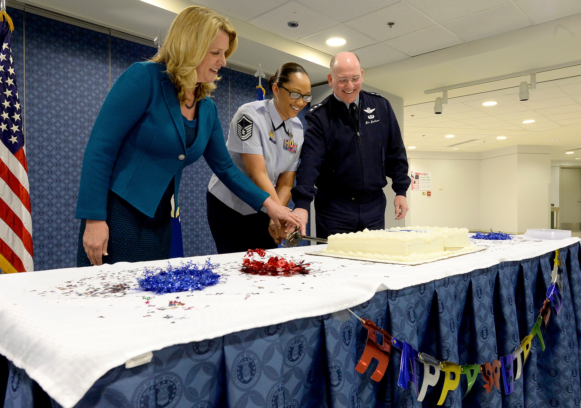 Secretary of the Air Force Deborah Lee James, Master Sgt. Kandi Costa and Lt. Gen. James F. Jackson, Chief of Air Force Reserve and Commander, Air Force Reserve Command, cut a cake to mark the Reserve's 68th birthday, April 14, 2016, in the Pentagon.  (U.S/ Air Force photo/Scott M. Ash)