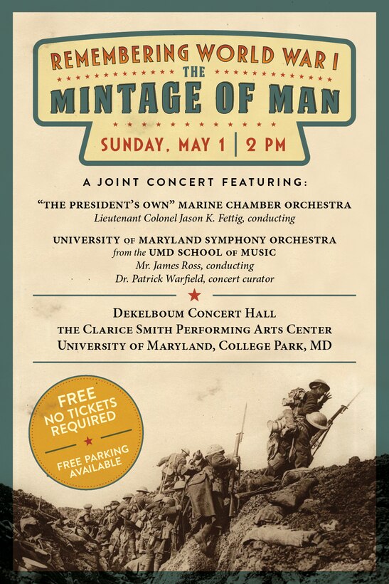 Sunday, May 1 at 2 p.m. (EST), UMD, College Park, Md. This special joint concert marks the centennial of the first world war and will examine major concert works from the period, including selections from Maurice Ravel’s Le tombeau de Couperin, Gustav Holst’s The Planets, and Charles Ives’ “From Hanover Square North,” as well as rarely performed works by Edward Elgar and Frank Bridge. The two ensembles will be joined by solo vocalists from both “The President’s Own” and the University of Maryland to explore the conflict through music, poetry, and imagery. Guest curated by University of Maryland musicologist Dr. Patrick Warfield, this program is an artistic and intellectual collaboration between two of the finest professional and academic musical forces. The concert is free and no tickets are required. Free parking is available.