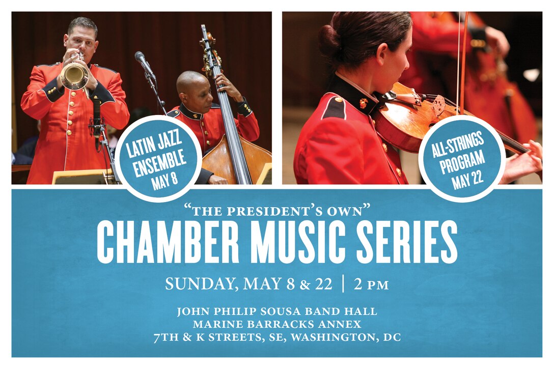 LATIN JAZZ ENSEMBLE: Sunday, May 8 at 2 p.m. (EST), Sousa Band Hall, Washington, D.C. Coordinated by pianist Gunnery Sgt. AnnaMaria Mottola, this Latin jazz infused concert will feature music by such artists as Chick Corea, Paquito D’Rivera, Tito Puente, Oscar Hernandez, Consuelo Velazquez, Heraclio Fernandez, Wayne Wallace, Michel Camilo, Airto Moreira, and Nova & Jory.

STRING ENSEMBLES: Sunday, May 22, at 2 p.m. (EST), Sousa Band Hall, Washington, D.C. Coordinated by violist Gunnery Sgt. Tam Tran, the all-strings program will feature multiple ensembles, from solo violin to string quintet and sextet. Selections include Arvo Pärt’s Fratres, Arnold Schoenberg’s Verklärte Nacht, Opus 4, Niccolò Paganini’s Caprice No. 1 in E, Opus 1, and Robert Schumann’s Quintet in E-flat for Piano and Strings, Opus 44.

Both concerts are free and no tickets are required. Free parking is available. Both concerts will stream live on the Marine Band website.
