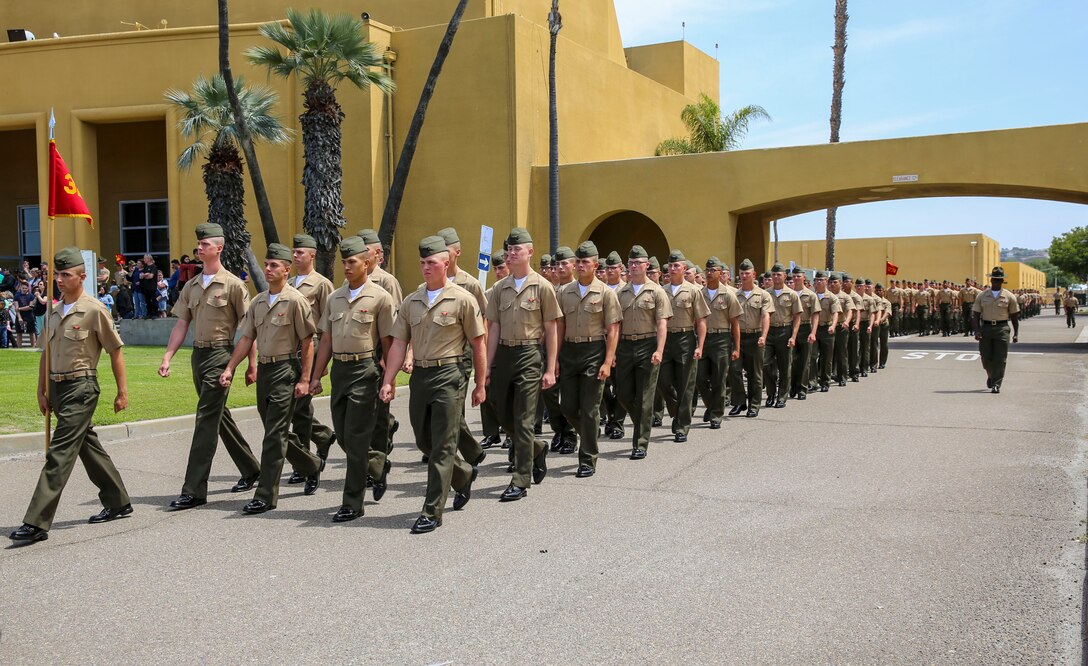 Marines from Mike Company, 3rd Recruit Training Battalion, march to meet families and friends prior to beginning liberty call at Marine Corps Recruit Depot San Diego, April 14. Family Day is the first time the new Marines are able to reunite with their families for the first time since leaving for Marine Corps recruit training. Annually, more than 17,000 males recruited from the Western Recruiting Region are trained at MCRD San Diego. Mike Company is scheduled to graduate April 15.