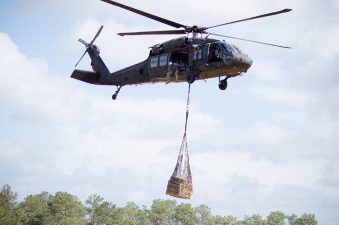 A flight crew from 5-159th General Services Aviation Battalion (GSAB) provided slingload hook-up training with Soldiers from the 230th Brigade Support Battalion of the North Carolina Army National Guard, March 10. 5-159th GSAB direct reporting unit to the 11th Theater Aviation Command. The 11th Theater Aviation Command (TAC) is the only aviation command in the Army Reserve. (Courtesy Photo)