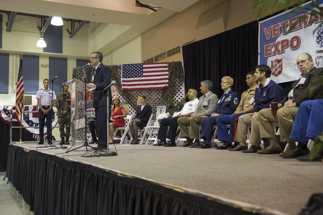 Sean Kelsey, officer in charge, Coachella Valley Salvation Army, thanks active duty service members and veterans during the 6th Annual Veteran’s Expo at the Riverside County Fairgrounds in Indio, Calif., April 2, 2016. (Official Marine Corps photo by Lance Cpl. Levi Schultz/Released)