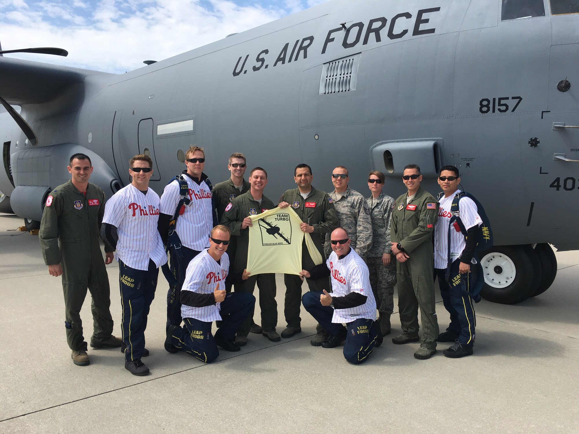 The Air Force Reserve's 815th Airlift Squadron, based at Keesler Air Force Base, Mississippi, teamed up with the U.S. Navy "Leap Frog" Parachute Team April 8-18, 2016. The squadron airdropped the team as part of several high-profile events, to include the Philadelphia Philles home opening game April 11, 2016. (U.S. Air Force photo)