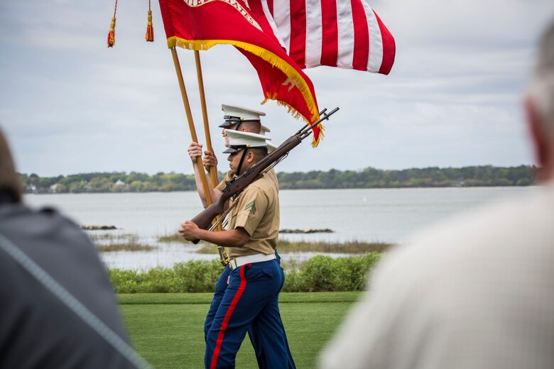 A Marine Corps color guard march during the 48th Annual RBC Heritage Golf Tournament opening ceremony held at Hilton Head Island April 11. The tournament, April 11-13, is a yearly tradition on Hilton Head bringing together players from around the country.