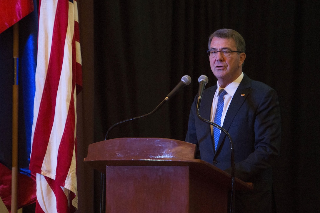 Defense Secretary Ash Carter delivers remarks during the closing ceremony of Exercise Balikatan 2016 in Manila, Philippines, April 15, 2016. DoD photo by Air Force Senior Master Sgt. Adrian Cadiz