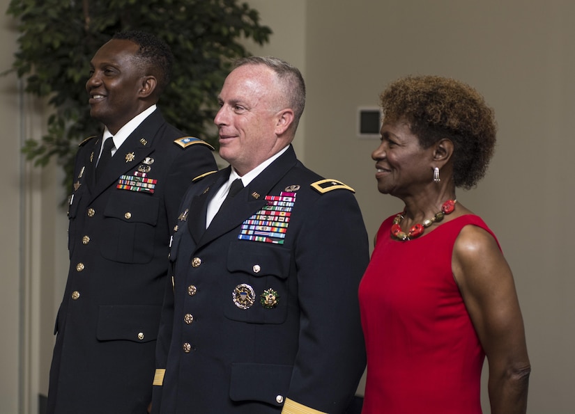 Brig. Gen. Richard Sele, 108th Training Command Deputy Commanding General (center), is joined by retired Lt. Cols. James Davis (left) and Dianne Fisher (right) at the North Carolina A&T State University ROTC Hall of Fame induction ceremony in Greensboro, N.C., Apr. 14, 2016. The event was held at the Alumni Center as a part of the centennial celebration of the Reserve Officers' Training Corps. (U.S. Army photo Sgt. 1st Class Brian Hamilton/released)
